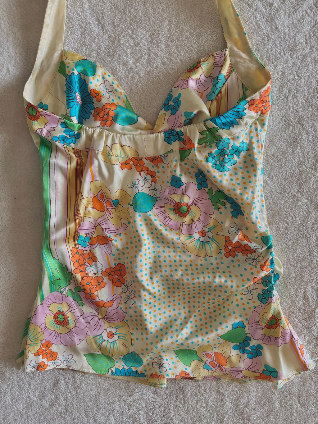 y2k vintage fitted silk floral ruched halterneck cami top