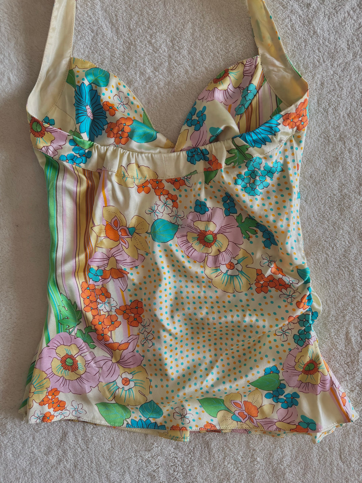 y2k vintage fitted silk floral ruched halterneck cami top