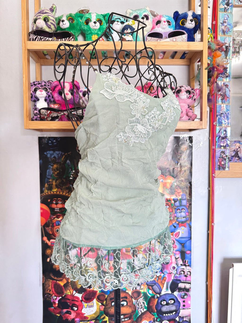 y2k vintage pale sage green mesh fitted cami top with lace trim and beaded chain straps