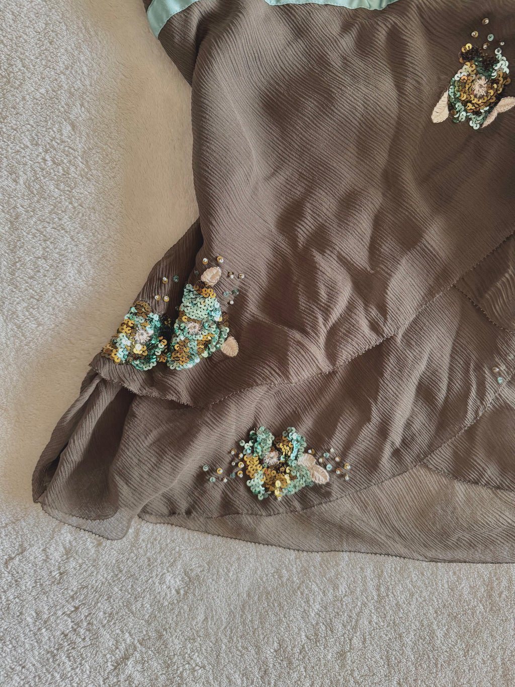 y2k vintage brown, turquoise silk asymmetric layered fairy halter cami top with sequins