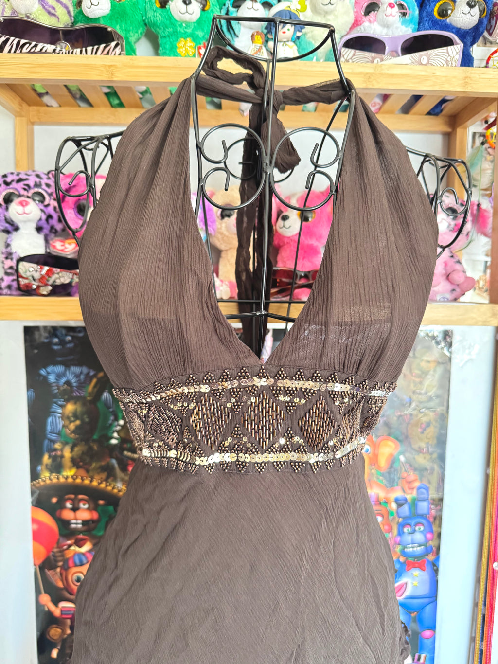 y2k vintage silk chocolate brown fitted asymmetrical fairy hem halterneck midi dress
