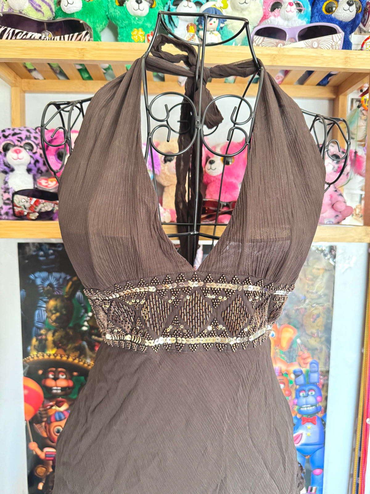 y2k vintage silk chocolate brown fitted asymmetrical fairy hem halterneck midi dress