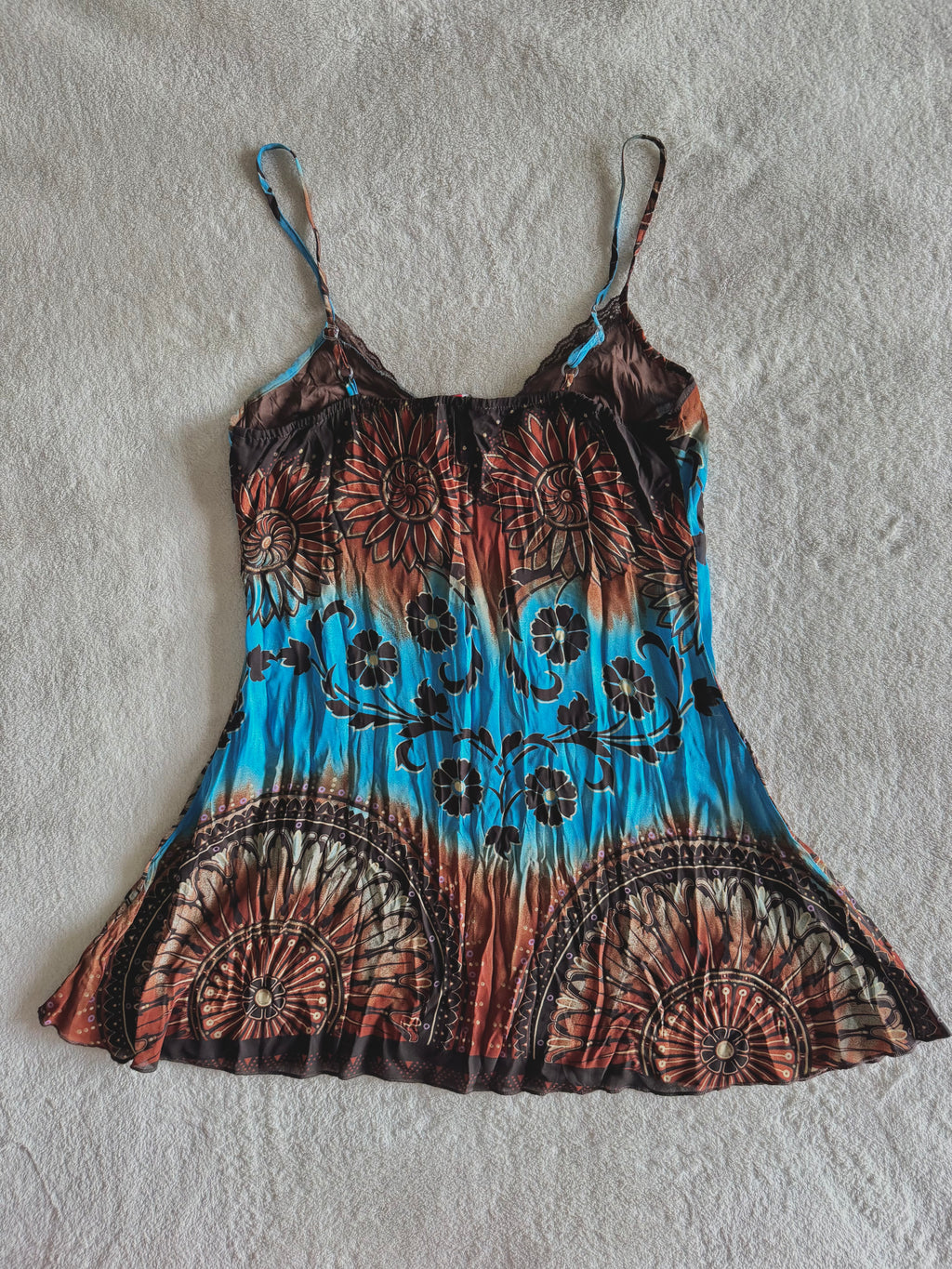 y2k vintage earthy blue and brown floral fitted cami top