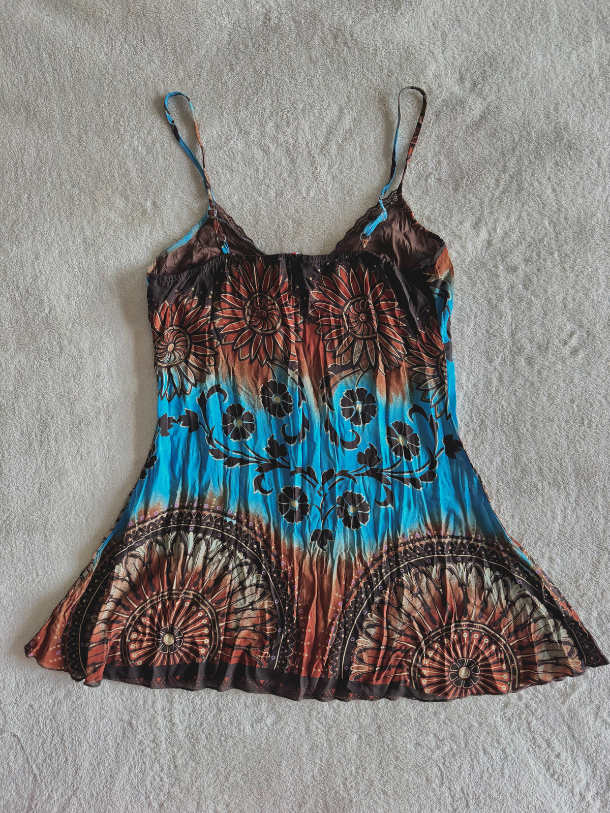 y2k vintage earthy blue and brown floral fitted cami top