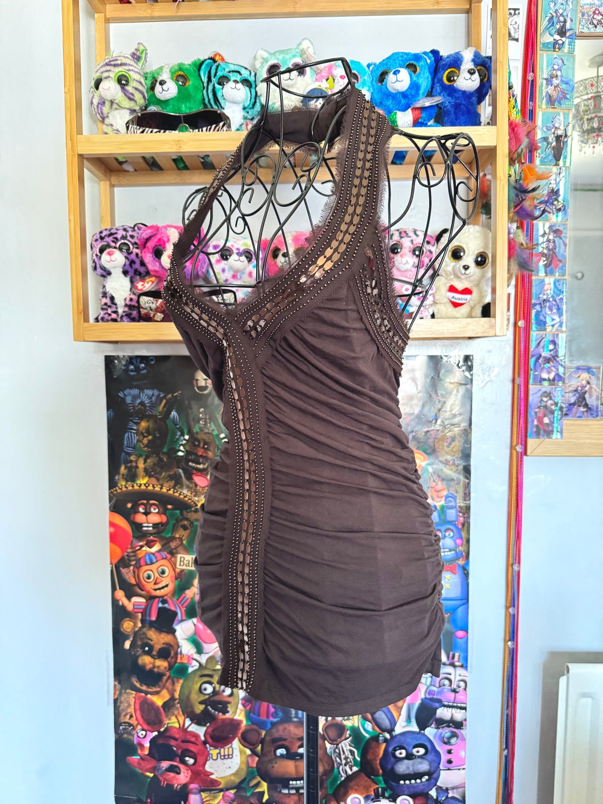 y2k vintage chocolate brown ruched and fitted low back sequin embellished halter top