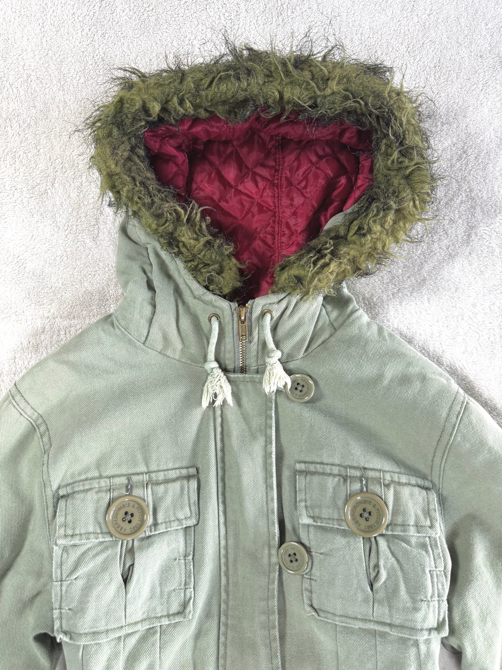 y2k vintage sage green fitted button up parka jacket with faux fur trim hood and cinch waist