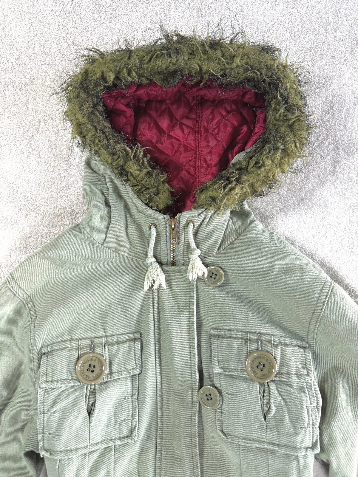 y2k vintage sage green fitted button up parka jacket with faux fur trim hood and cinch waist