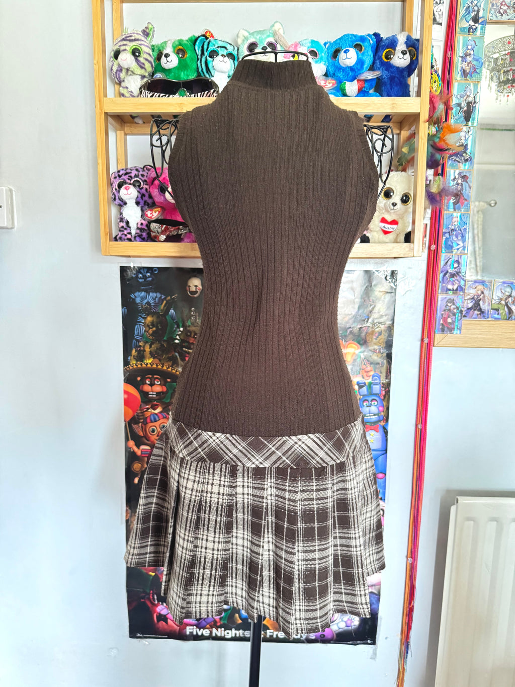 y2k vintage chocolate brown sleeveless fitted pleated mini dress with plaid and chest cut out