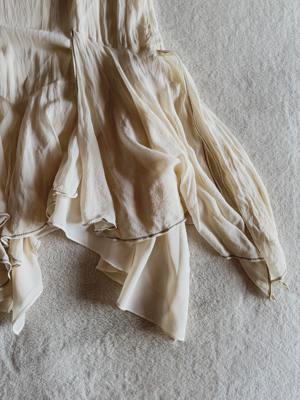y2k vintage silk off white and black beaded midi dress with bulky layered hem fairycore