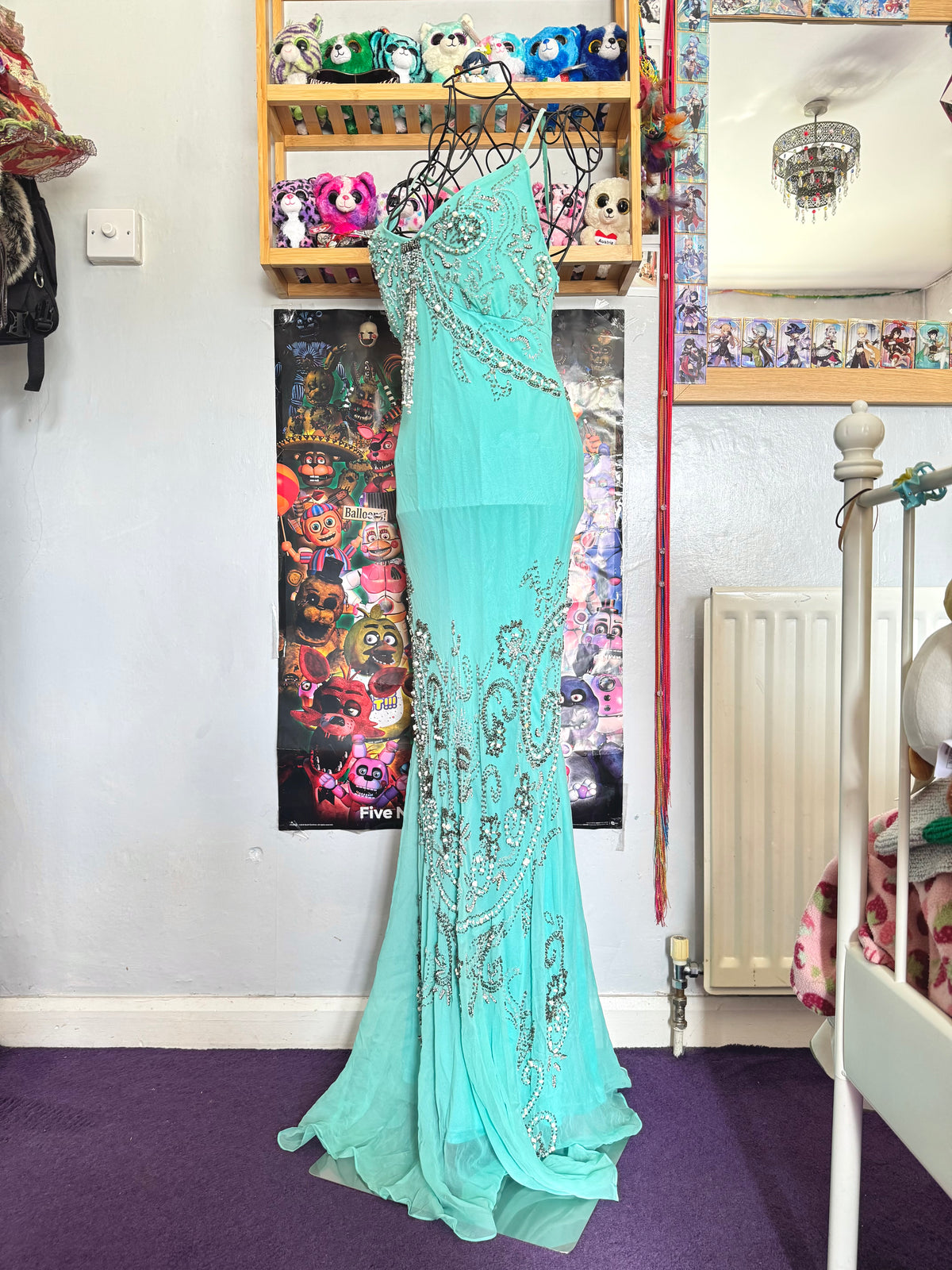 vintage 90’s turquoise blue silk heavily beaded handmade fishtail maxi dress mermaid core