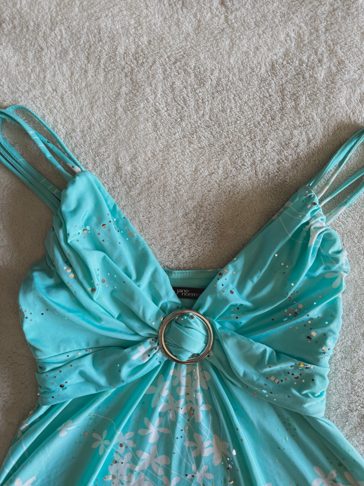 y2k vintage turquoise blue floral slinky fitted cami top with sequins