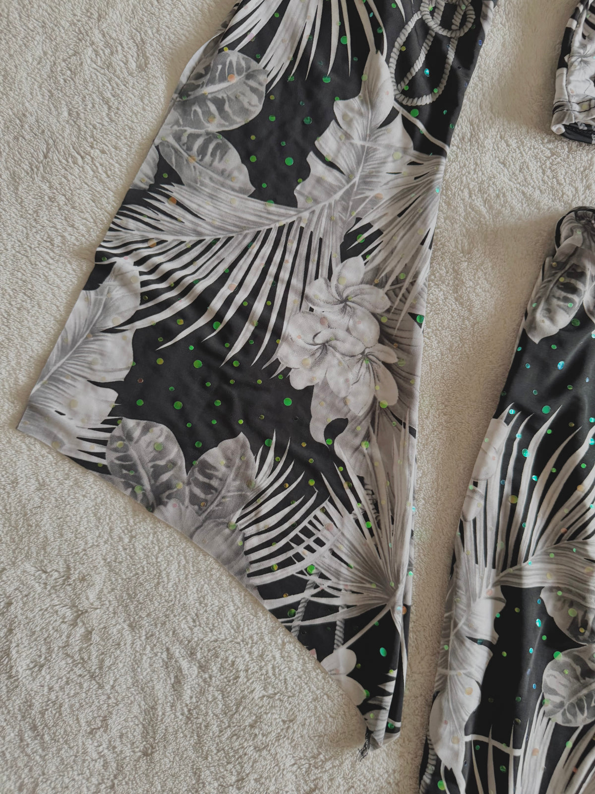 y2k vintage silver slinky 2 piece set flared sleeve top and asymmetrical midi skirt
