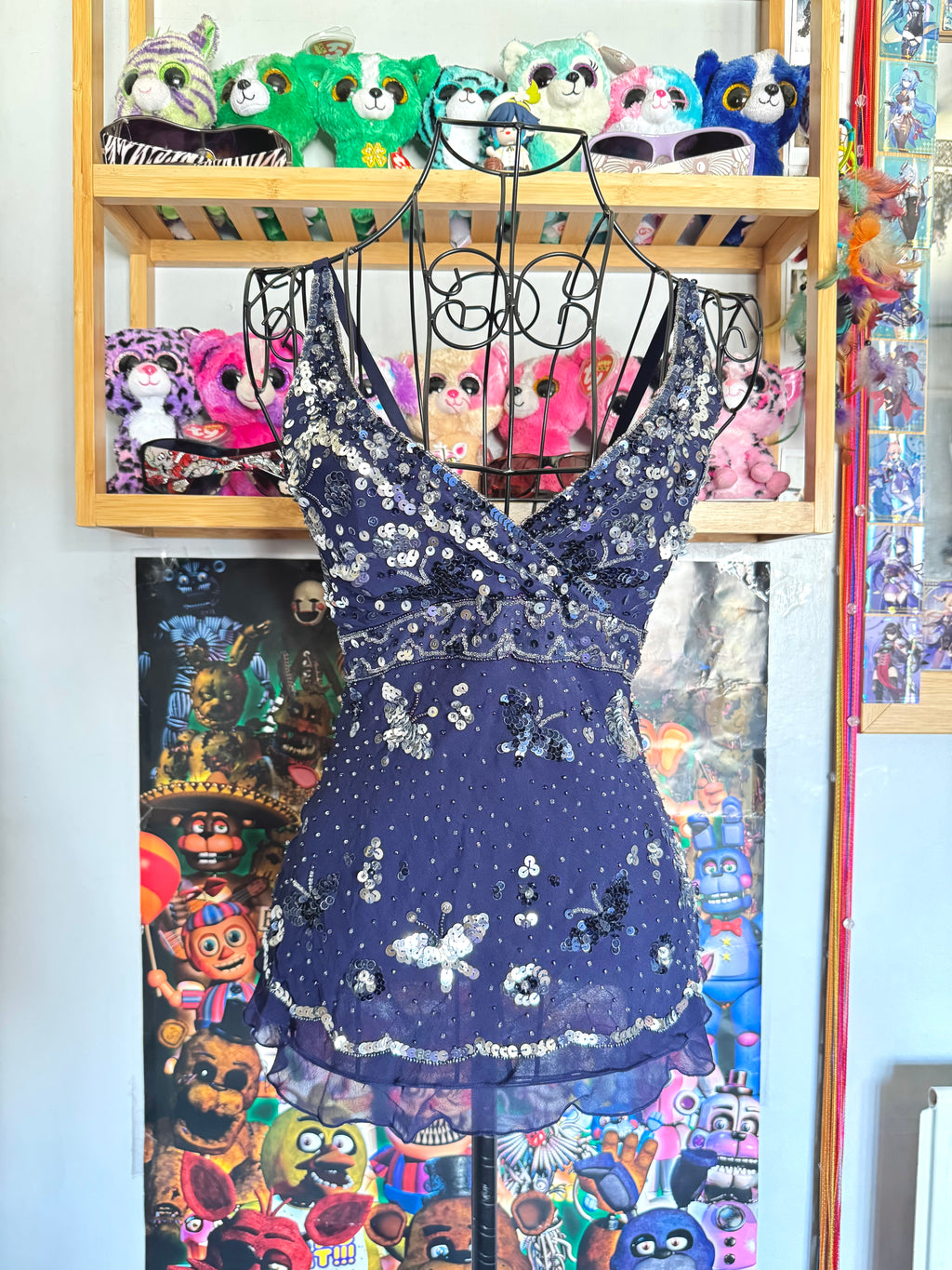 y2k vintage silk royal blue crisscross back fitted slightly cropped cami with butterfly sequins