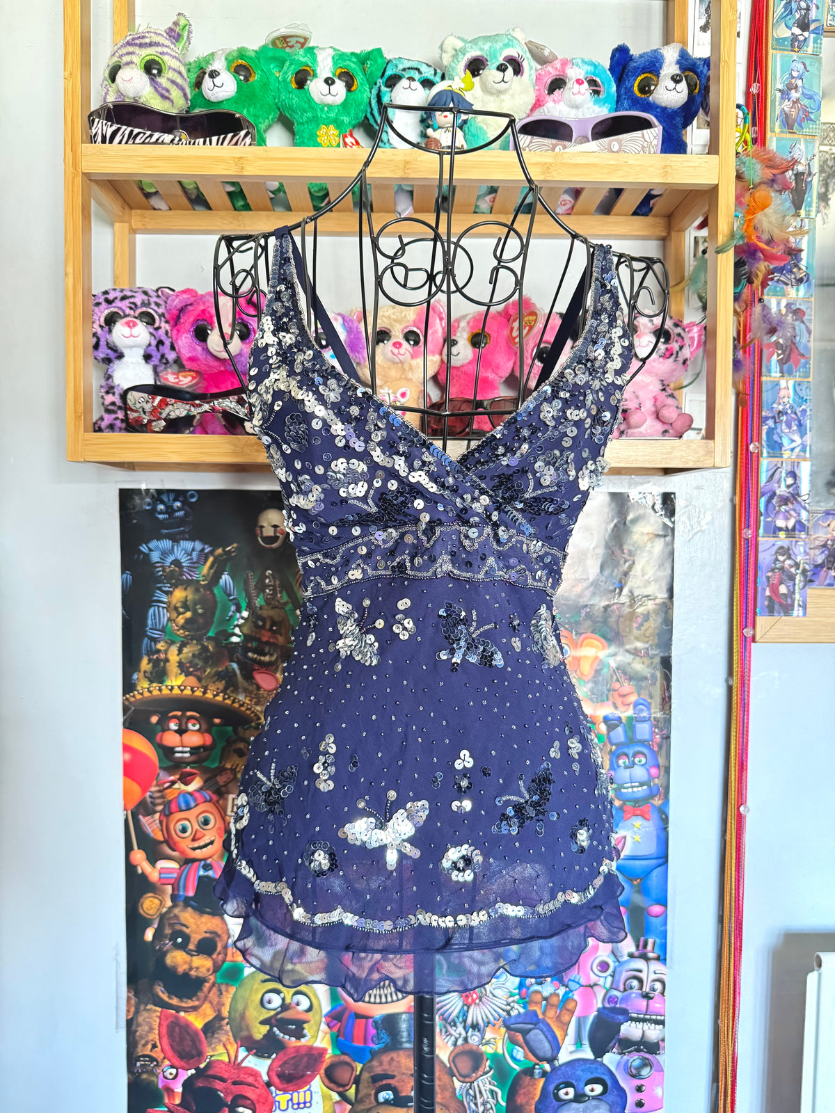 y2k vintage silk royal blue crisscross back fitted slightly cropped cami with butterfly sequins