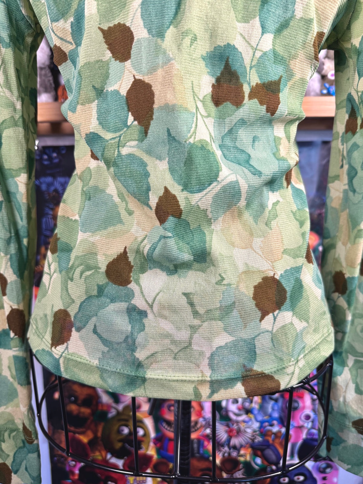y2k vintage sheer mesh button up top with leaf print