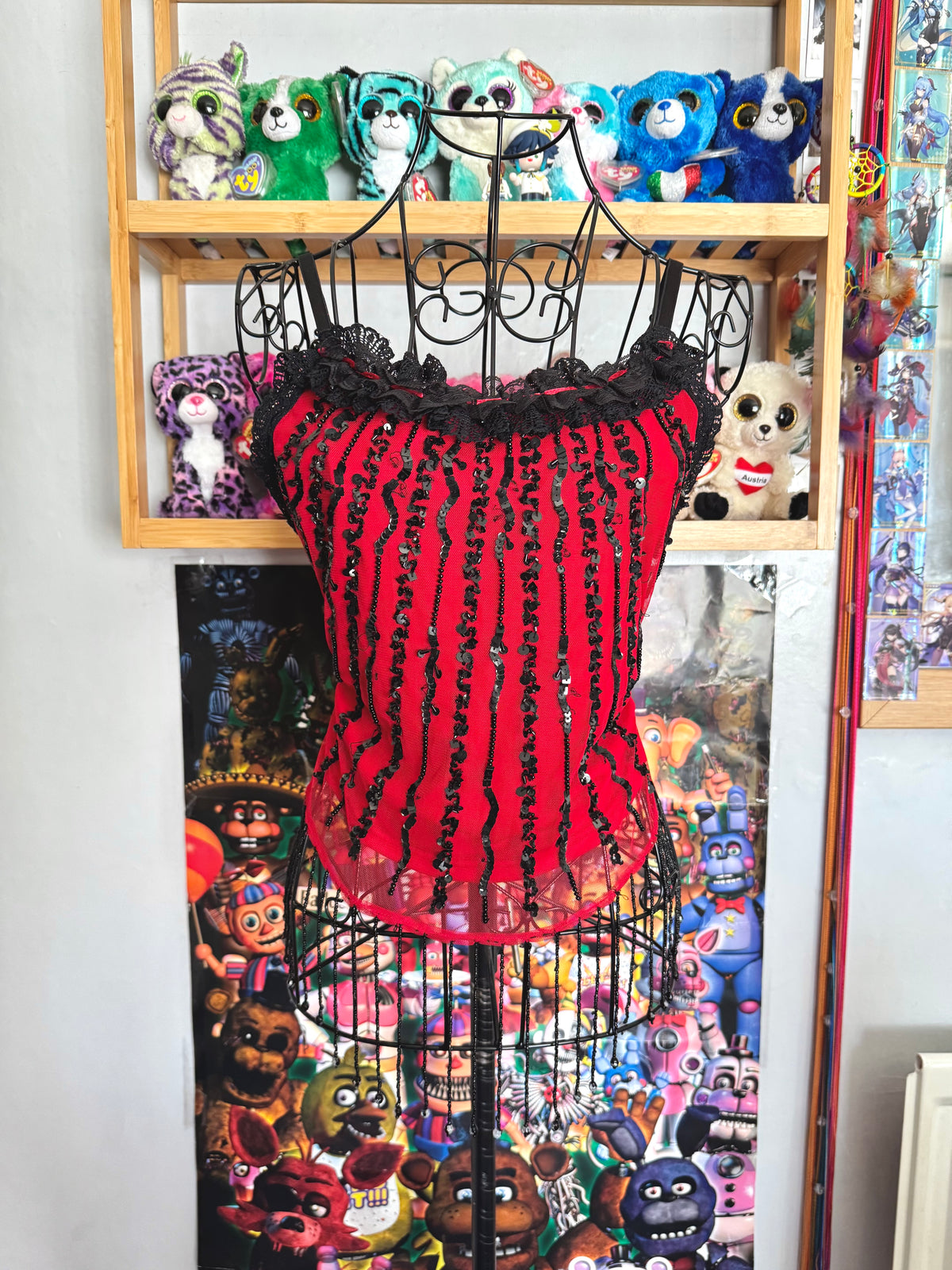 y2k vintage red fitted mesh cami top with black dangle beading and sequin embroidery