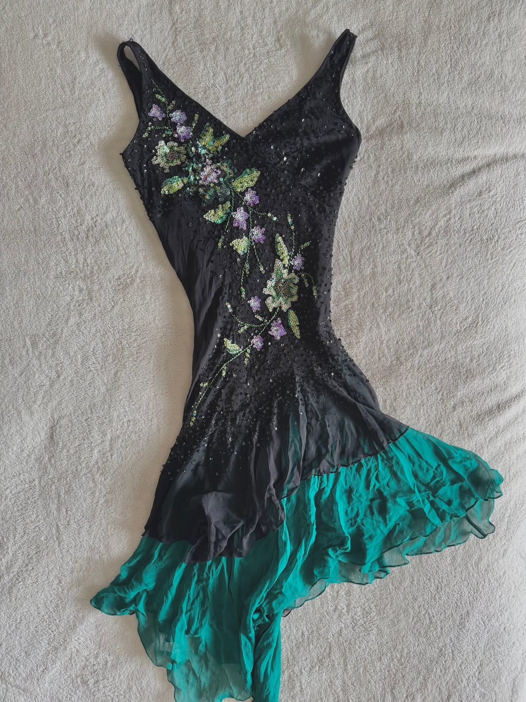 y2k vintage silk asymmetrical hem V-neck sequin embellished occasion dress