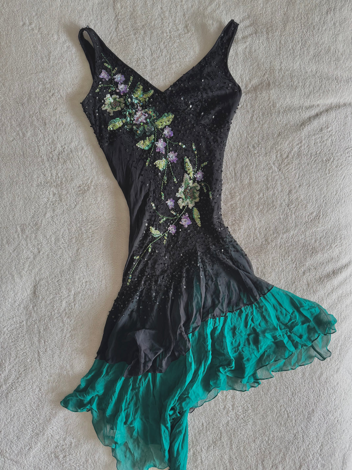 y2k vintage silk asymmetrical hem V-neck sequin embellished occasion dress