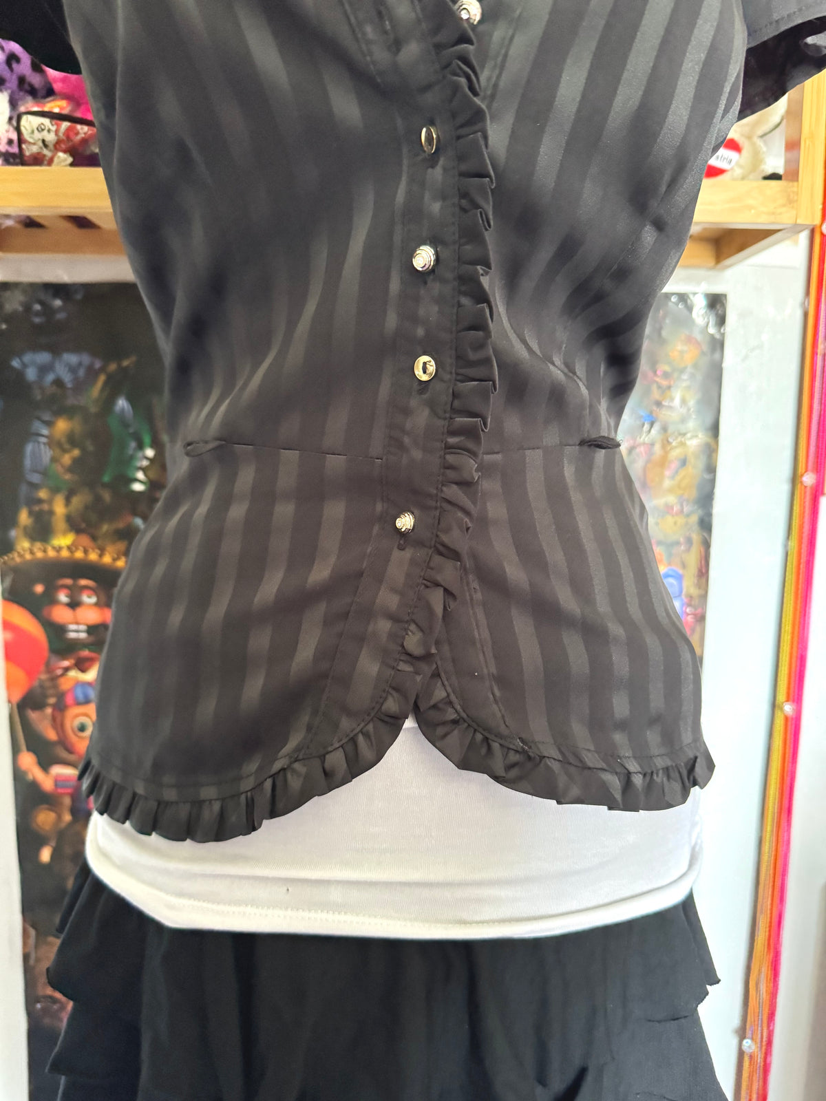 y2k vintage pinstripe fitted button up cap sleeve blouse officecore office siren
