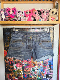 y2k vintage low waisted distressed dark wash denim mini shorts