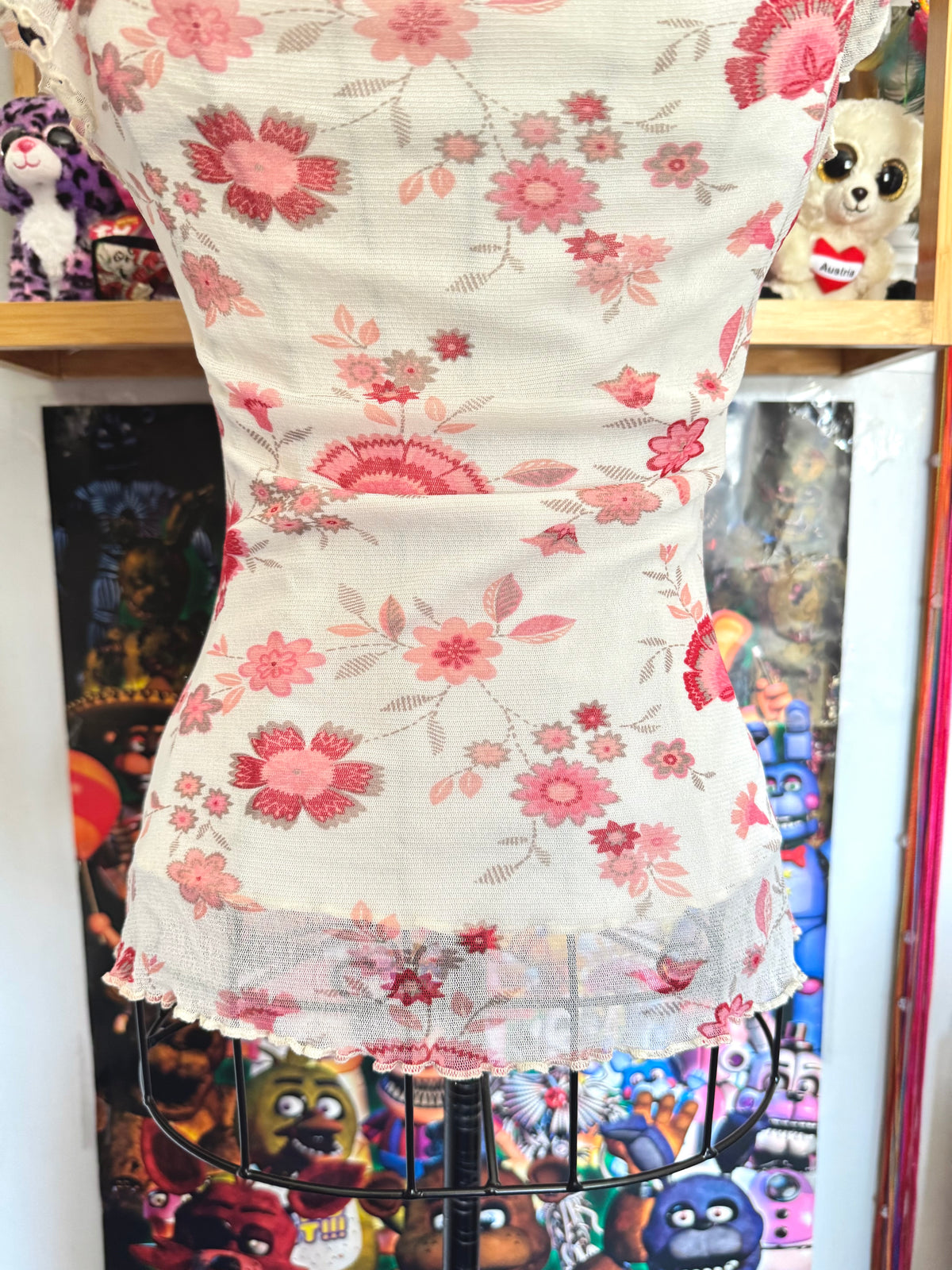 y2k vintage mesh floral print milkmaid style top with lettuce hem coquette
