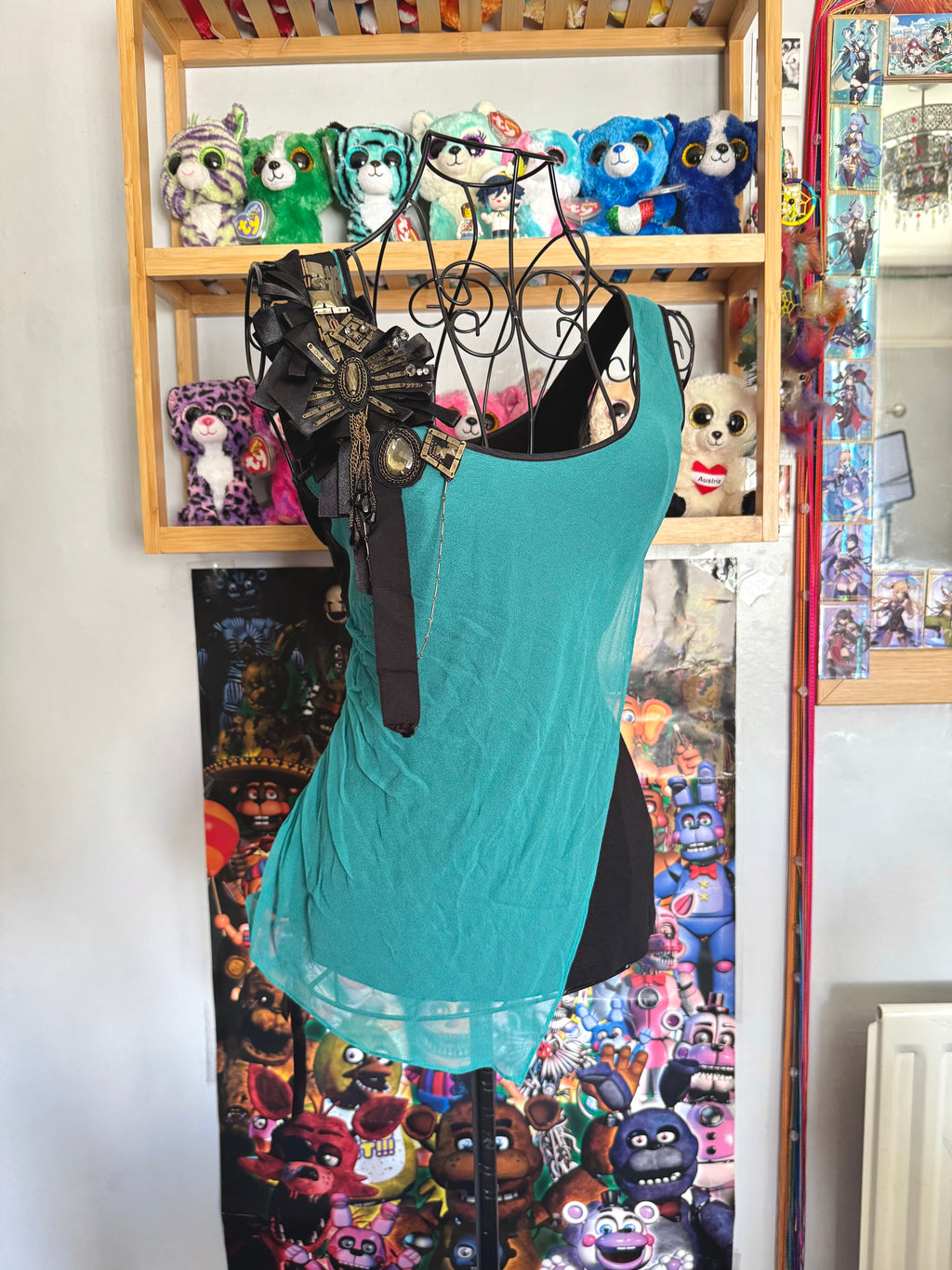 y2k vintage silk teal and black fitted asymmetrical hem vest top