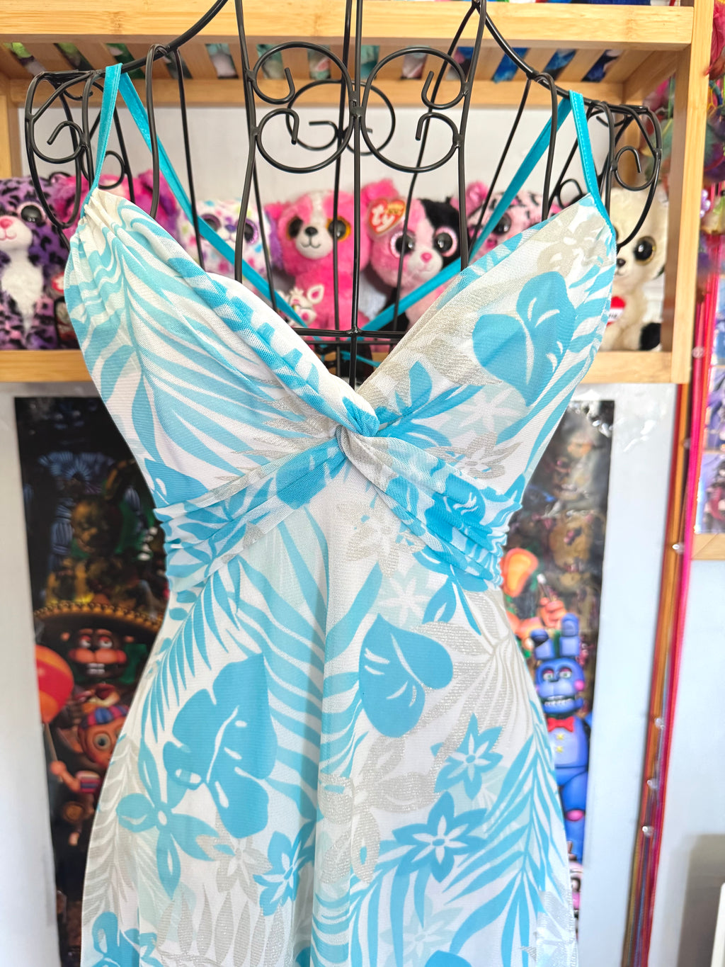 y2k vintage tie back turquoise blue mesh asymmetrical lettuce hem mini dress