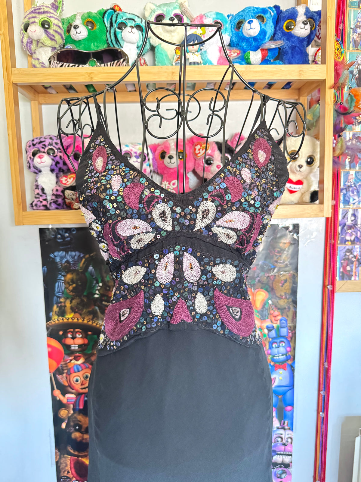 y2k vintage silk black and pink butterfly sequin embellished floaty fairy hem midaxi length dress