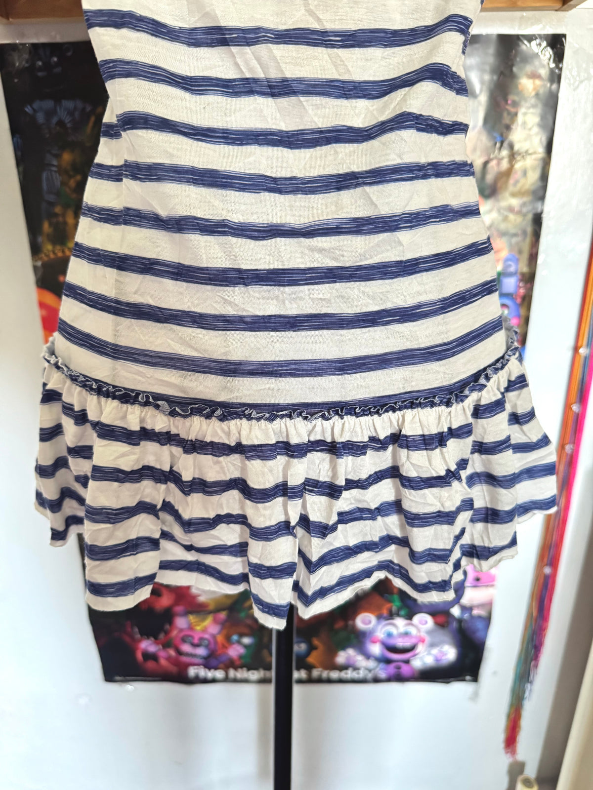 y2k vintage sailor vibes striped blue and white ruffle bottom cami top with lace trimmings