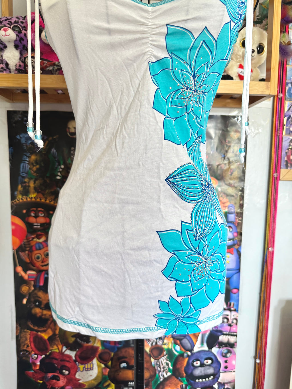 y2k vintage turquoise floral print fitted cami top with ruched detail, rhinestones and sleeve tassels