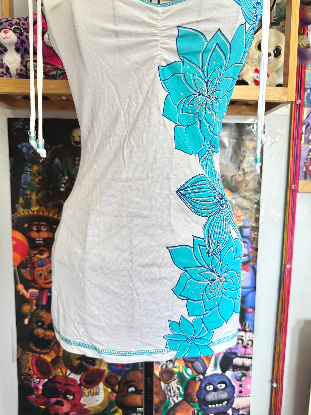 y2k vintage turquoise floral print fitted cami top with ruched detail, rhinestones and sleeve tassels