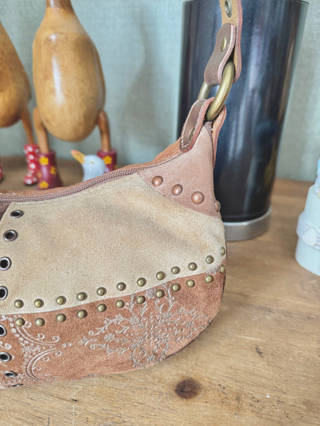 y2k vintage real suede patchwork boho mini bag
