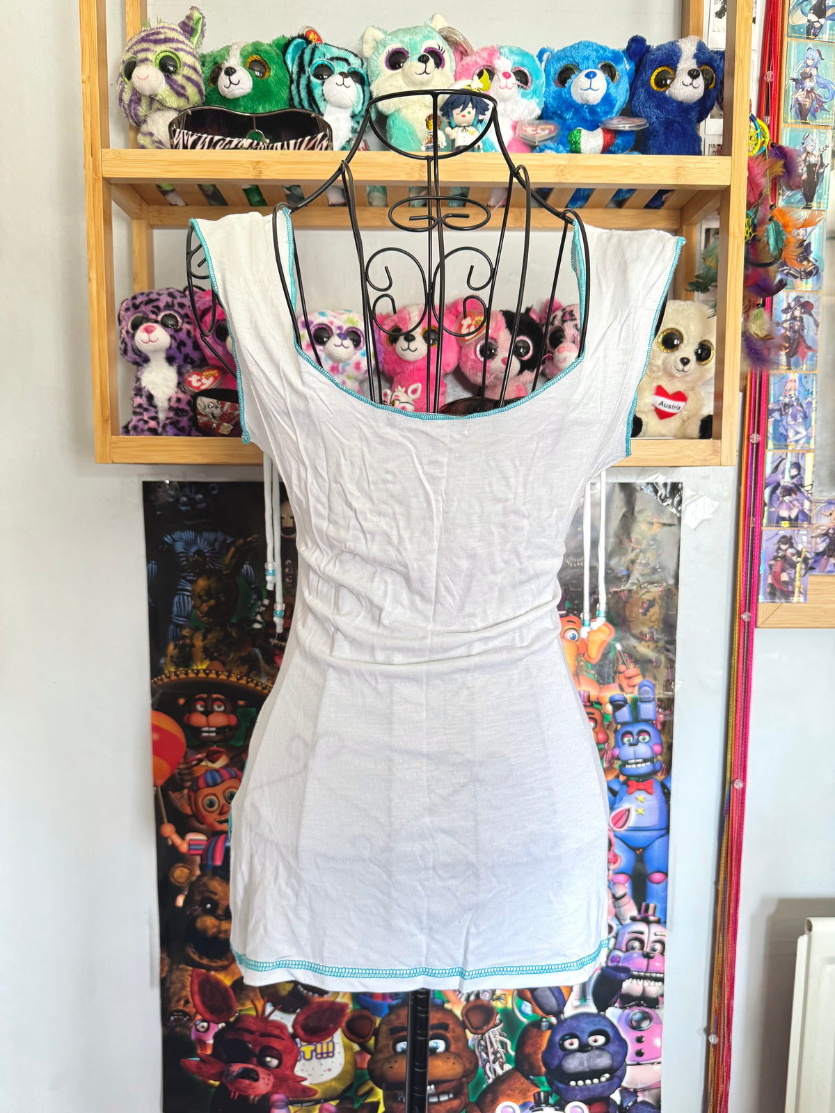 y2k vintage turquoise floral print fitted cami top with ruched detail, rhinestones and sleeve tassels