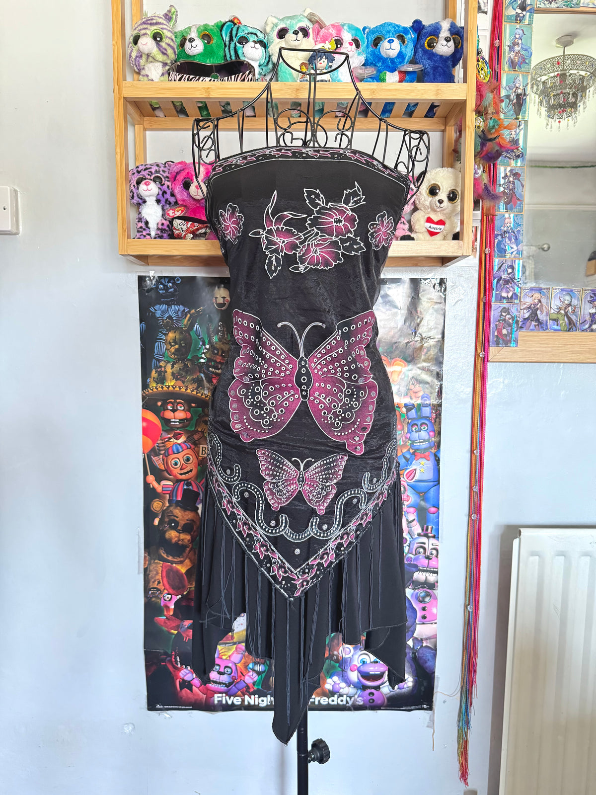 y2k vintage strapless fitted ruched asymmetrical fairy hem mini dress with butterfly mesh shawl