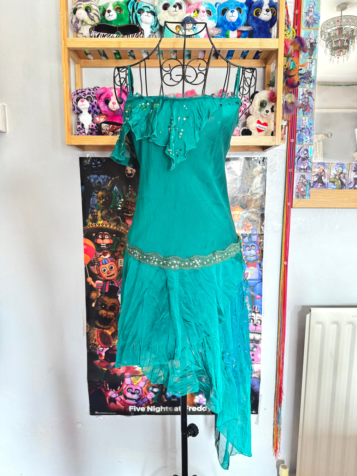 y2k vintage asymmetrical fairycore midi dress with sequins, lace panels and earthy tone