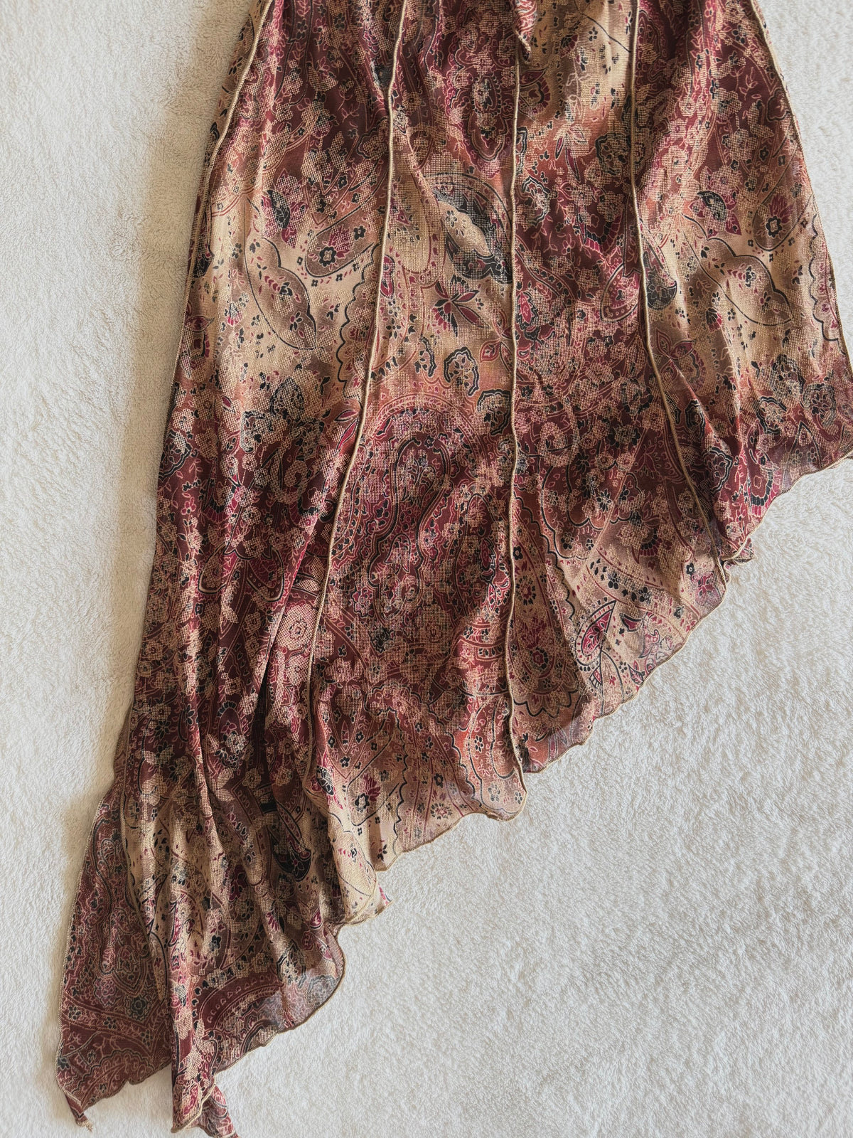 y2k vintage earthy fairy asymmetrical hem midaxi dress with glittery shimmer