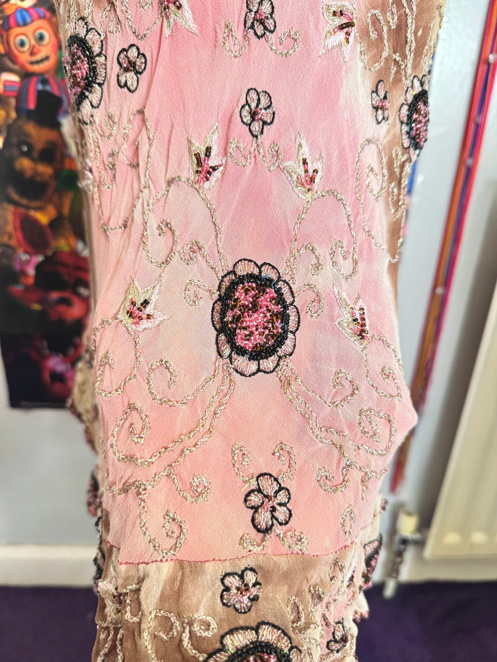 90’s vintage silk pink and brown beaded floral pattern halterneck mini dress fairycore