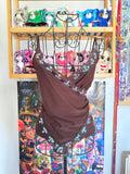 y2k vintage chocolate brown wrap style low cut sequin embellishment asymmetrical hem cami top