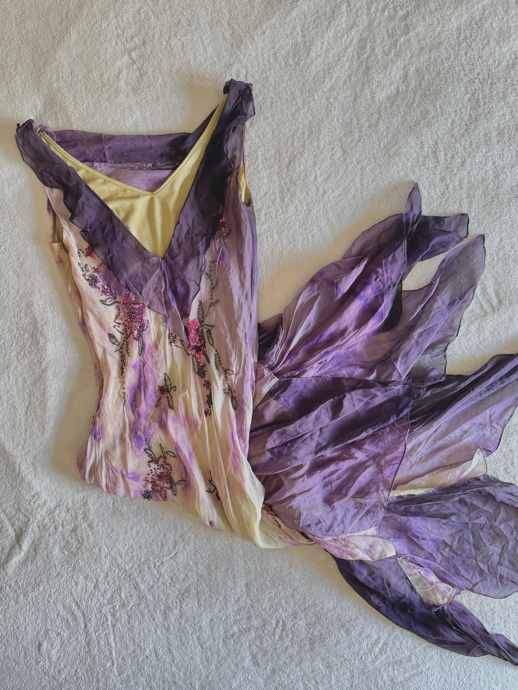 y2k vintage violet purple whimsical silk floral beaded hanky hem cowl neck maxi dress fairy