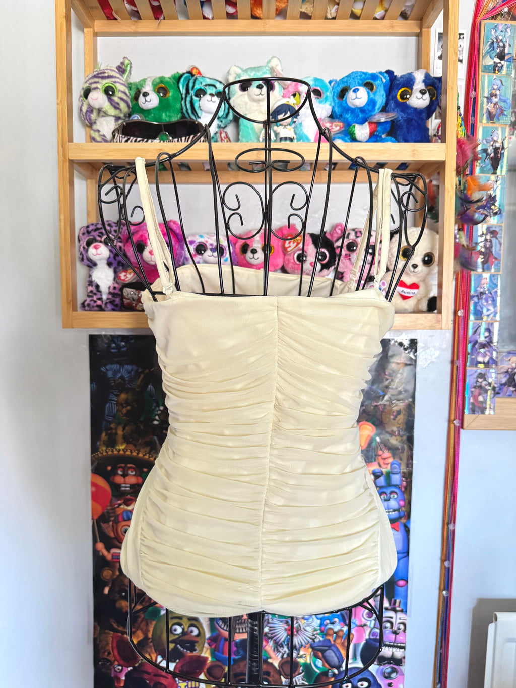 y2k vintage cream ruched boned and fitted corset top with sequins embellished