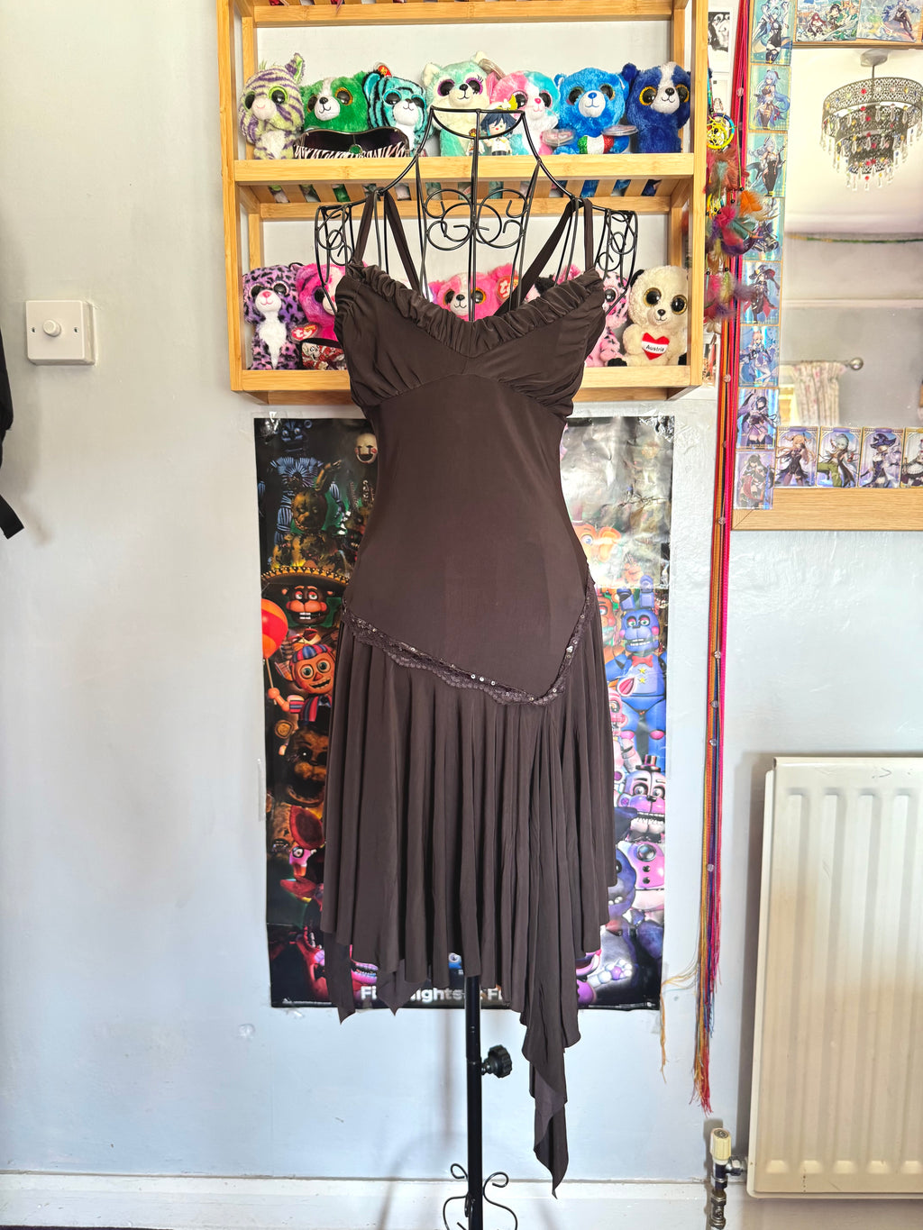 y2k vintage chocolate brown asymmetrical hem lace trim midi dress with crisscross back fairy