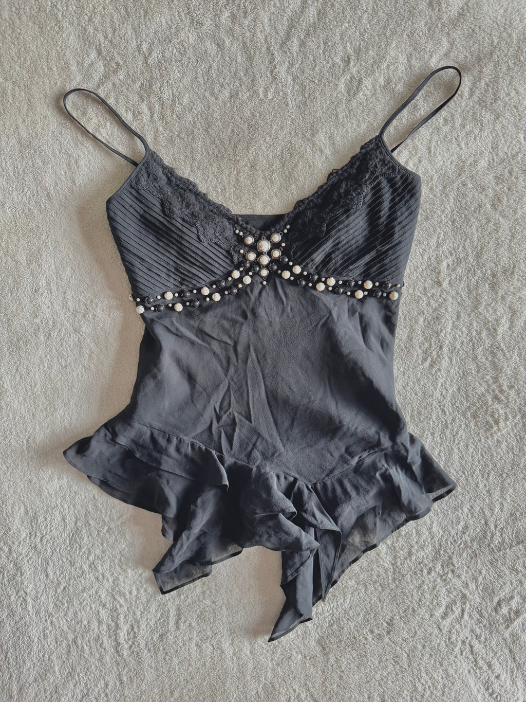 y2k vintage black silk fitted asymmetrical fairy hem cami top