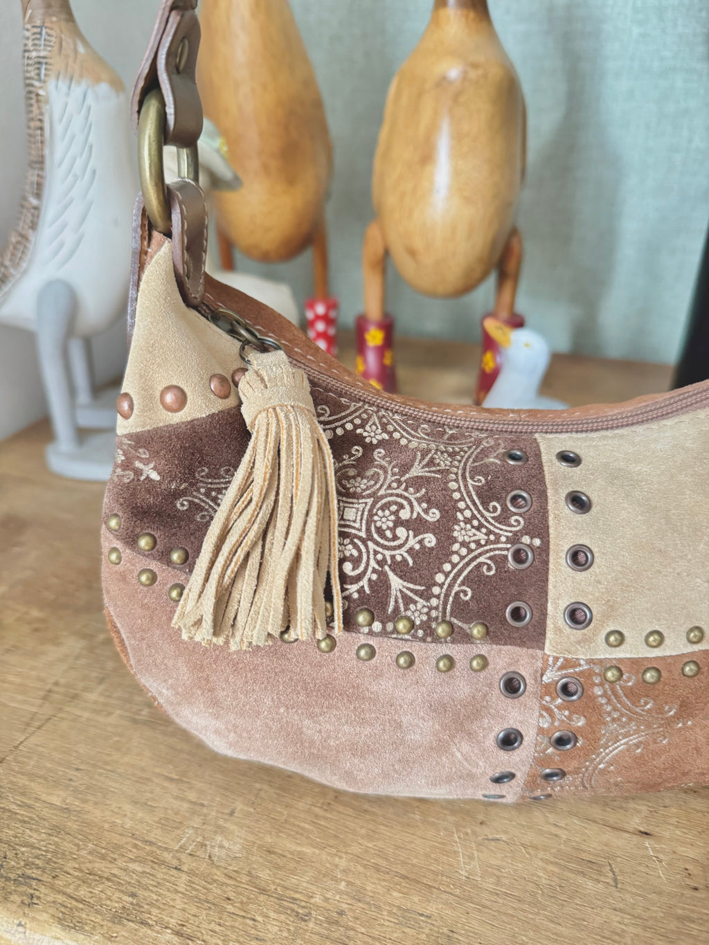 y2k vintage real suede patchwork boho mini bag
