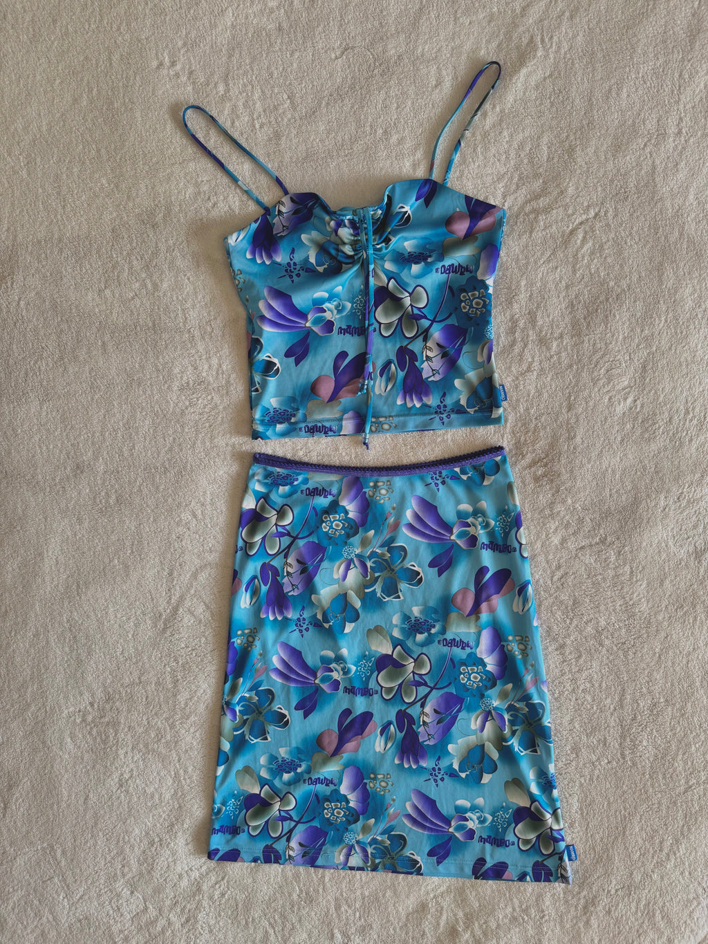 y2k vintage aqua blue h2o floral print two piece midi skirt and cami top set