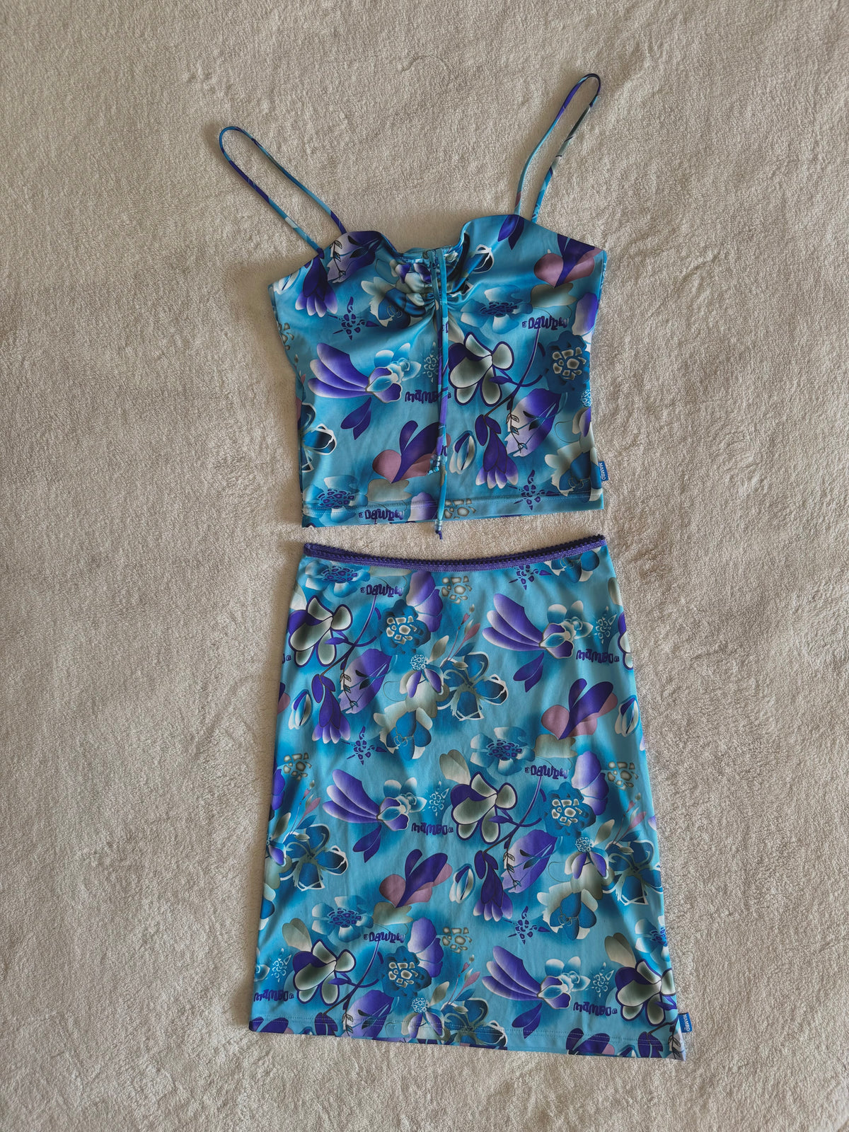 y2k vintage aqua blue h2o floral print two piece midi skirt and cami top set
