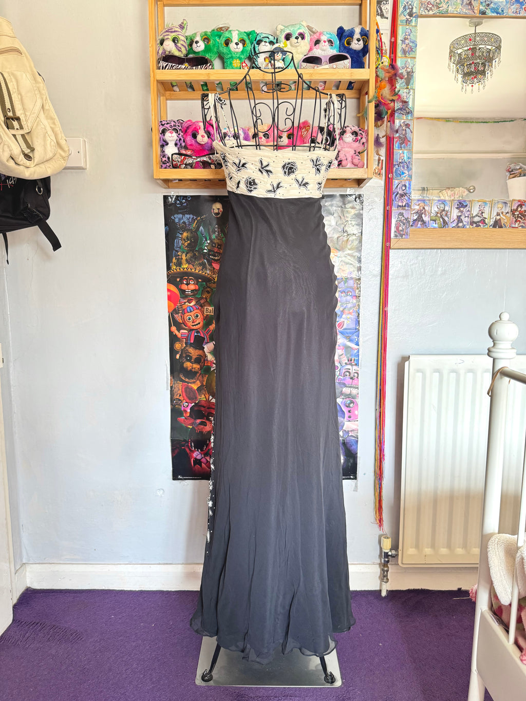 y2k vintage silk black and cream formal evening maxi dress with criss cross straps and beading