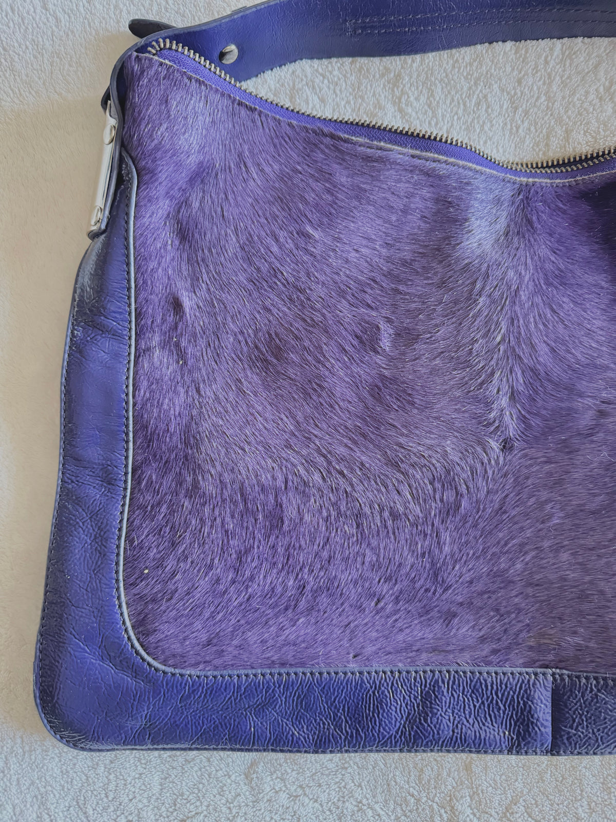 y2k pony hair violet purple slouchy boho handbag with real suede and leather