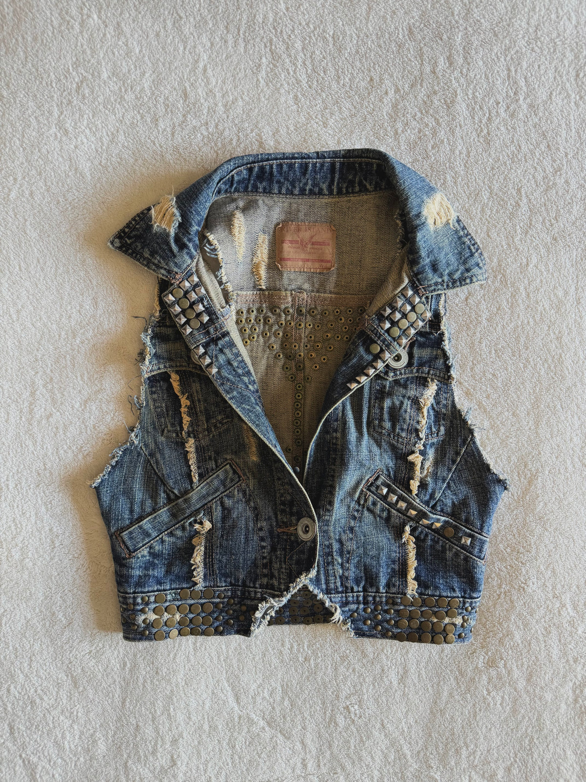 y2k vintage medium wash denim sleeveless waistcoat with studs and punk details