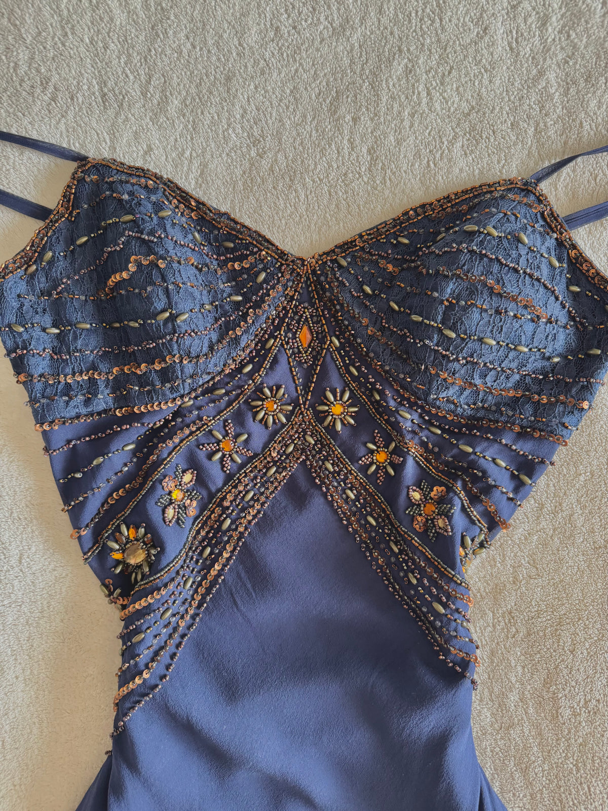 vintage 90’s royal navy blue silk dress gold and bronze beading embellishments astrology astronomy