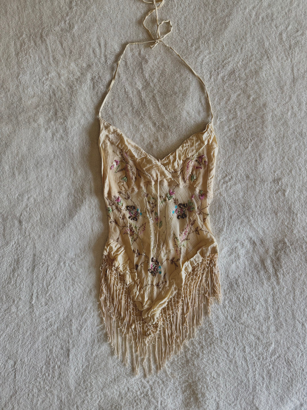 y2k vintage silk floral embroidery fitted halterneck top with lattice tassels festival western